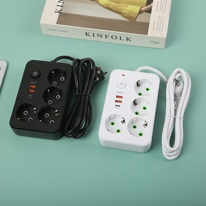 Enchufe de comercio exterior europeo, caja rusa, paquete de caja de color neutro en blanco y negro 2USB + 1Type-C