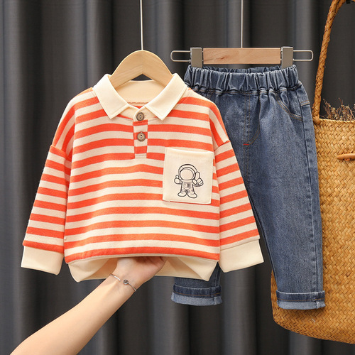  Autumn New Children's Lapel POLO Shirt Long Sleeve Striped T-Shirt Girls' Trousers Two-piece Set One Piece Dropshipping