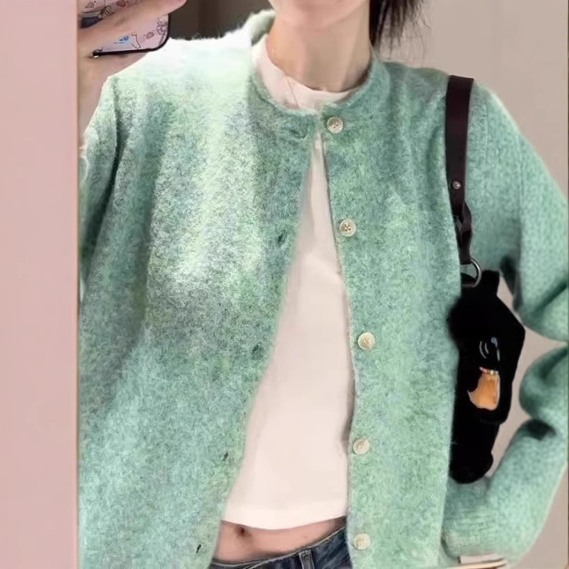 French Style Mint Green Curled Knitted Cardigan Sweater Jacket for Women Spring & Fall Soft Waxy Green Top Early Autumn Outer Wear