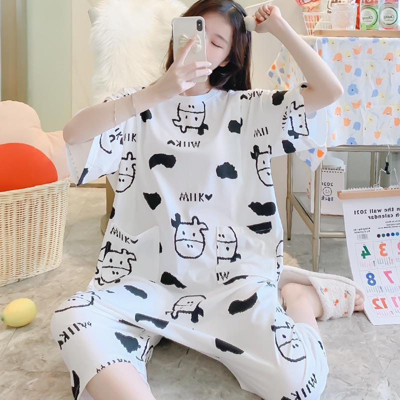 Summer Pregnant Women's Nightgown Combed Cotton Thin Short-sleeved Postpartum Nursing Cute Cartoon Two-wear One-piece Pant Skirt Summer Pregnant Women's Nightgown Combed Cotton Thin Short-sleeved Postpartum Nursing Cute Cartoon Two-wear One-piece Pant Skirt