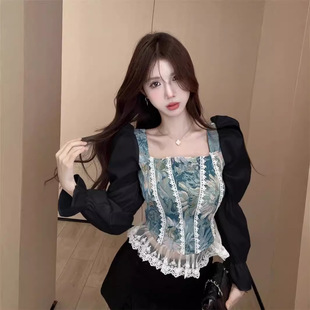 Knitted retro lace flashlight, long-sleeve, Chinese style, square neckline, french style, lace dress, floral print