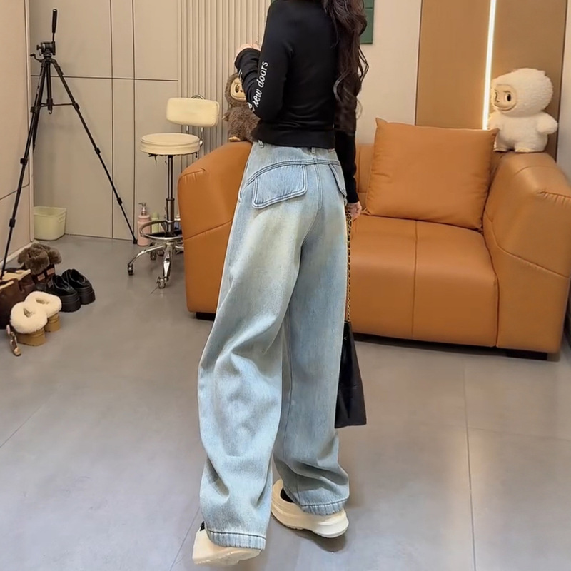 2025 Winter American Style Fleece-Lined Mid-Line Back Pocket Design Wide-Leg Versatile Slimming High-Waisted Scimitar Floor-Length Jeans