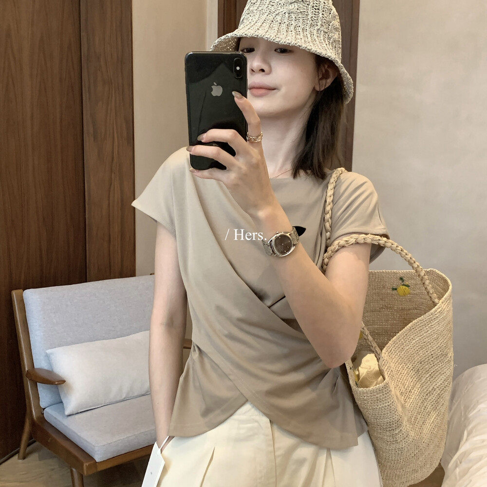 Áo thun nữ tay ngắn cổ tròn phong cách Hàn Quốc, thiết kế lưng xẻ khoét lệch — màu đen, Xám khói, trắng ngà, màu hồng