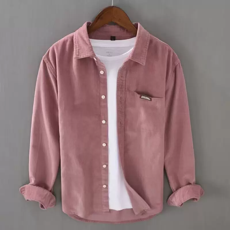 跨境春秋季简约百搭长袖衬衫休闲宽松男士复古纯色青年衬衣外套