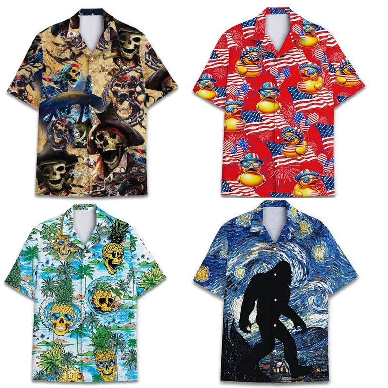 Amazon Fun Hawaii Horror Halloween Tropical Beach Gift Casual Short Sleeve Button Shirt 3D Print