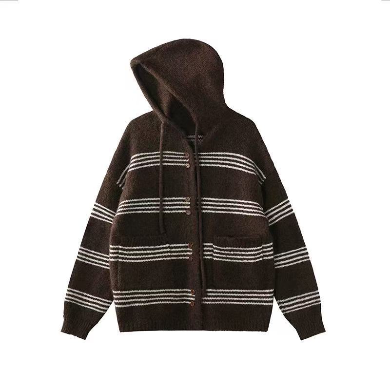 Suéter con capuz a rayas de contraste de color mujer otoño invierno coreano relajado vento largo cardigan de punto chaqueta image 6