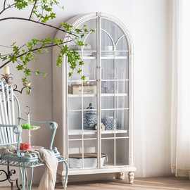 法式拱形书柜带玻璃柜门白色实木复古书架靠墙客厅收纳展示柜落地