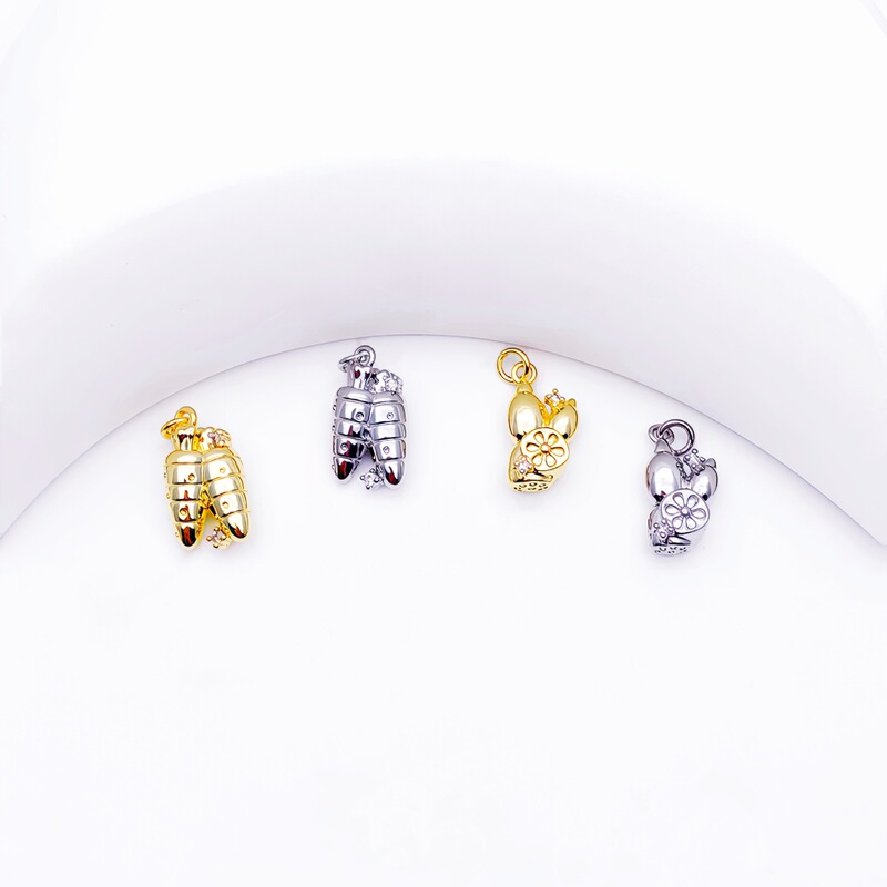 18K Gold-Plated Imitation Vegetable Pendant, Carrot and Lotus Root Shape, Inlaid with Zircon, Vegetable-Themed Fashionable Charm Ornament