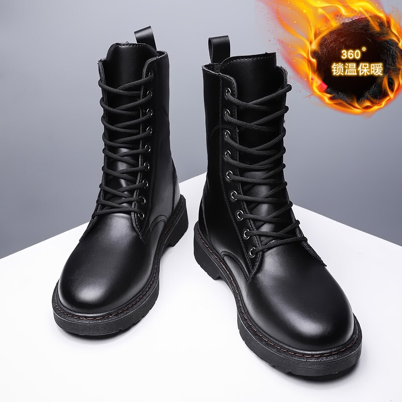 Winter Martin Boots Men's Long Shoes Men's Snow Boots Men's Long Boots Leather Boots fleece-lined Black Boots Outdoor