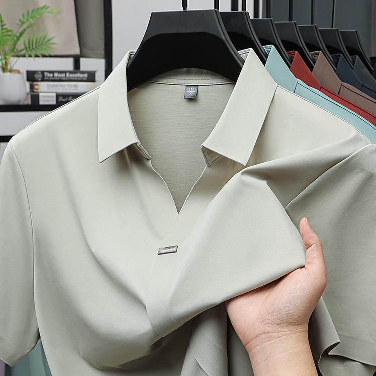 跨境站外2025夏季男半袖含桑蚕丝T恤纯色休闲商务透气V领短袖上衣