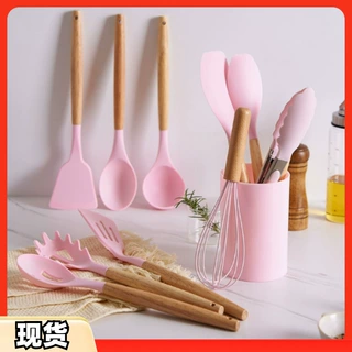 木柄硅胶厨具12件套收纳筒烹饪勺铲不粘锅套装厨房工具