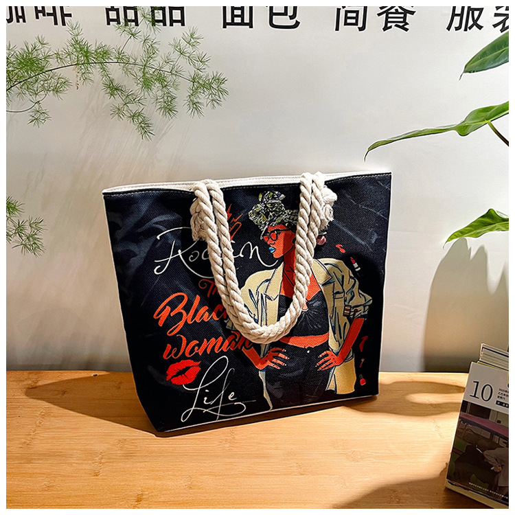 New cross-border tote bag, versatile women's portable shopping bag, creative women's printed aesthetic thick rope beach bag undefined