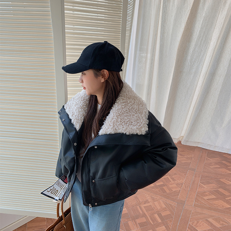 外贸羊羔毛大翻领免洗棉衣女2025冬季新款加厚保暖学院风皮衣外套|undefined