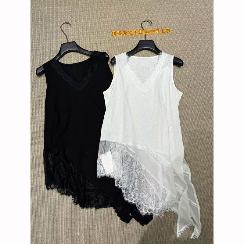 Plus-Size Irregular V-Neck Lace Sleeveless Vest for Women, New Summer Style, Loose Fit, Slimming Layering Top for Curvy Women Plus-Size Irregular V-Neck Lace Sleeveless Vest for Women, New Summer Style, Loose Fit, Slimming Layering Top for Curvy Women