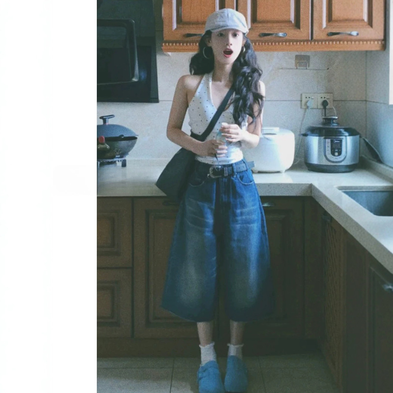 American Retro Style Cropped Jeans for Women, Summer 2026 New High-Waisted Mid-Length Shorts for Petite Figures, Loose Wide-Leg Pants