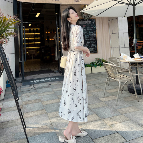 Summer temperament casual retro medium and long V-neck short sleeve waist waist floral Hong Kong style design Chiffon long dress