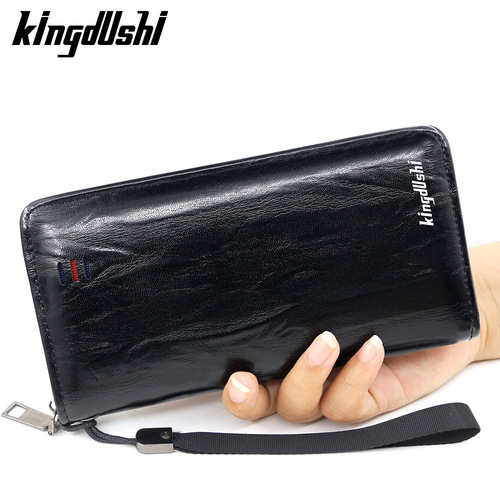 Cross-border retro waxed leather men's long zipper handbag large capacity multi-card slot phone bag for men money clip portable