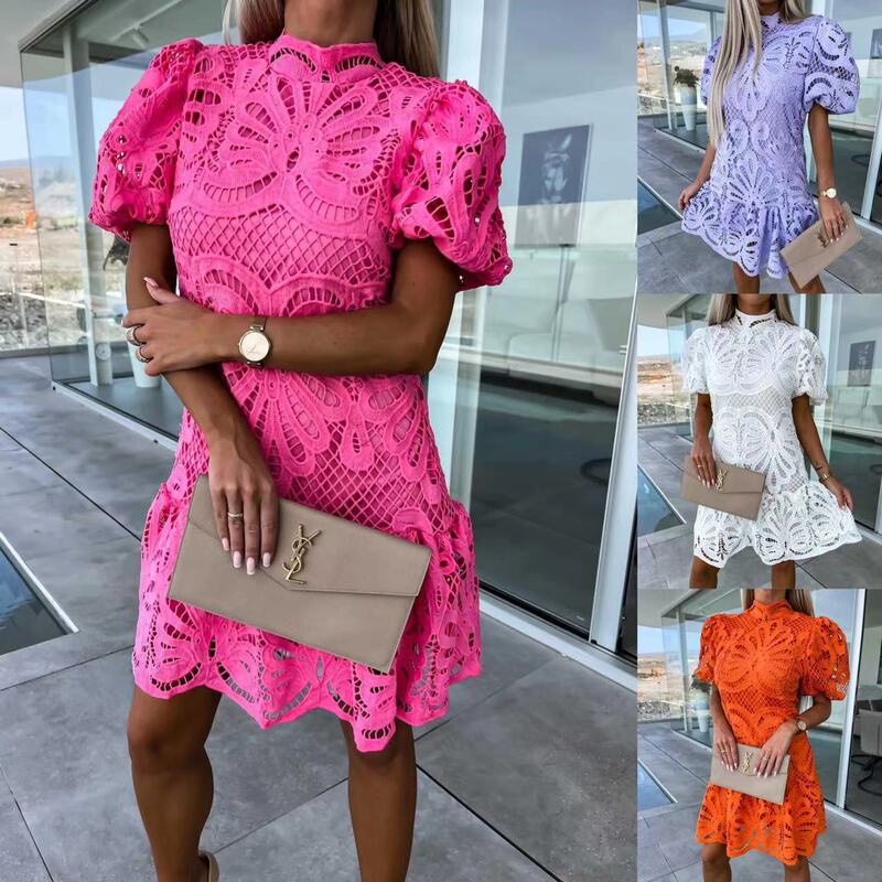 European and American Cross-Border 2026 New Independent Site Amazon Sexy Hollow-Out Water-Soluble Lace Elegant Commuter Dress