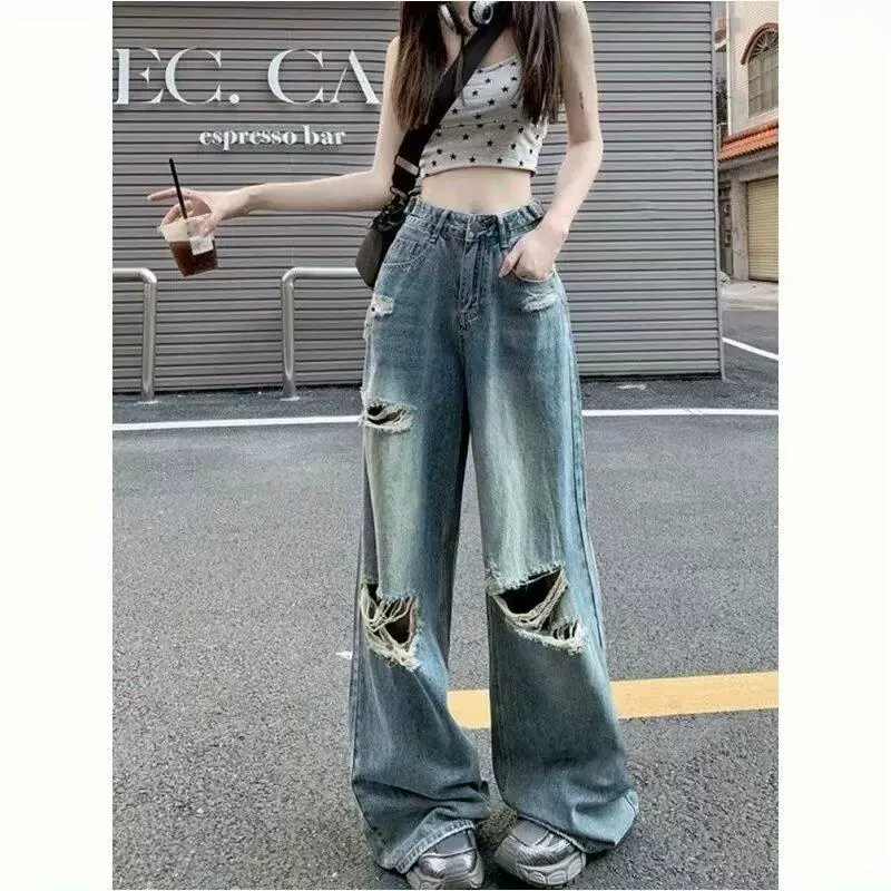 美式高街蓝色破洞牛仔裤女生夏季新款ins潮牌直筒宽松拖地阔腿裤