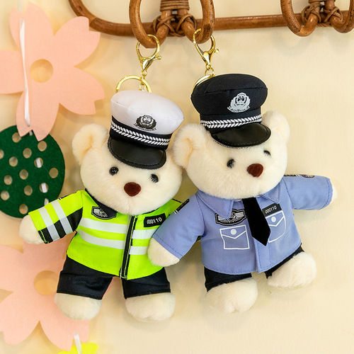 Manufacturer wholesale bear police traffic police blue sky rescue pendant plush toy cute teddy bear promotional keychain