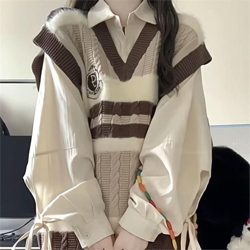两件套装/春秋季新款日系甜美学院风撞色v领针织马甲背心女长衬衫|undefined