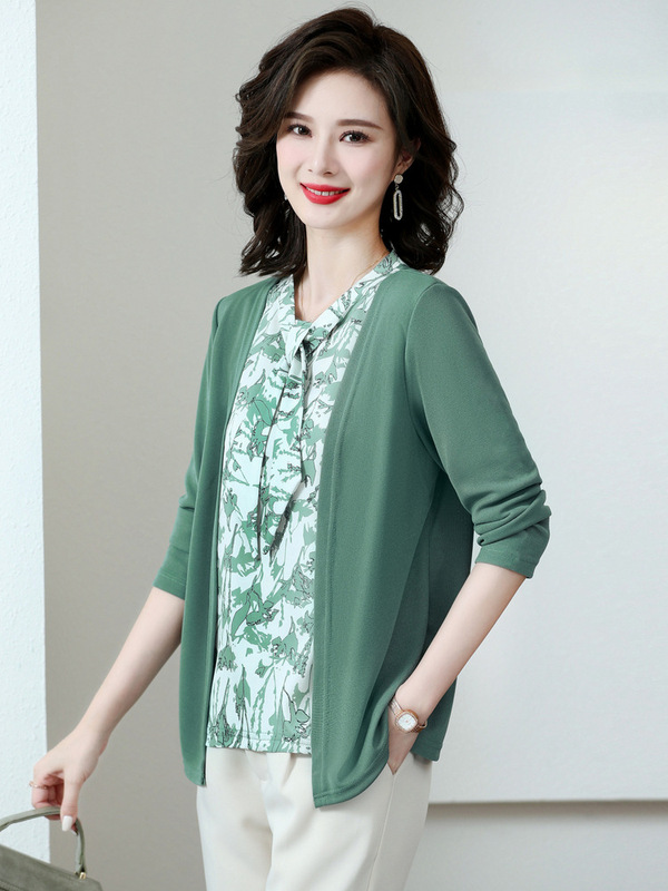 中年女装秋装长袖宽松中老年假两件2025新款妈妈洋气系带雪纺上衣|undefined