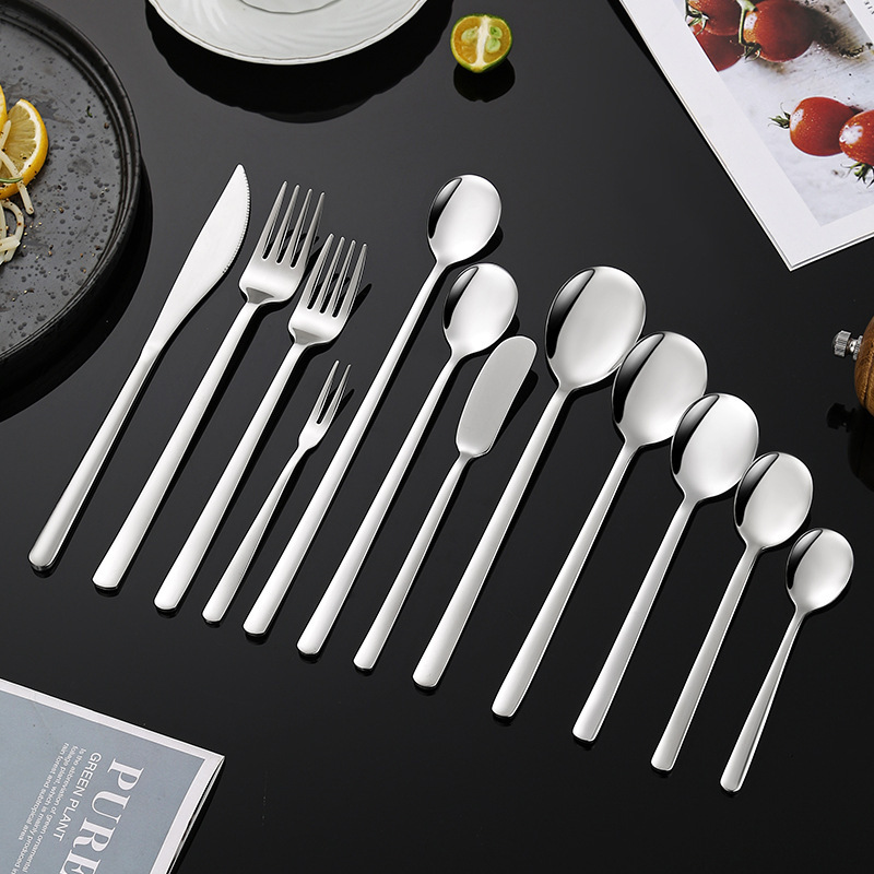 Korean Style Knife and Fork Spoon 304 Stainless Steel Spoon Household Thickened Western Tableware Long Handle Dessert Spoon Spoon Steak Knife and Fork