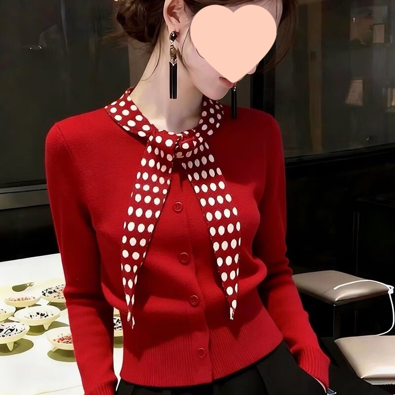 Red polka dot scarf collar sweater for women, beautiful for Christmas, New Year, and winter, can be worn as an inner layer or as an outerwear knit top