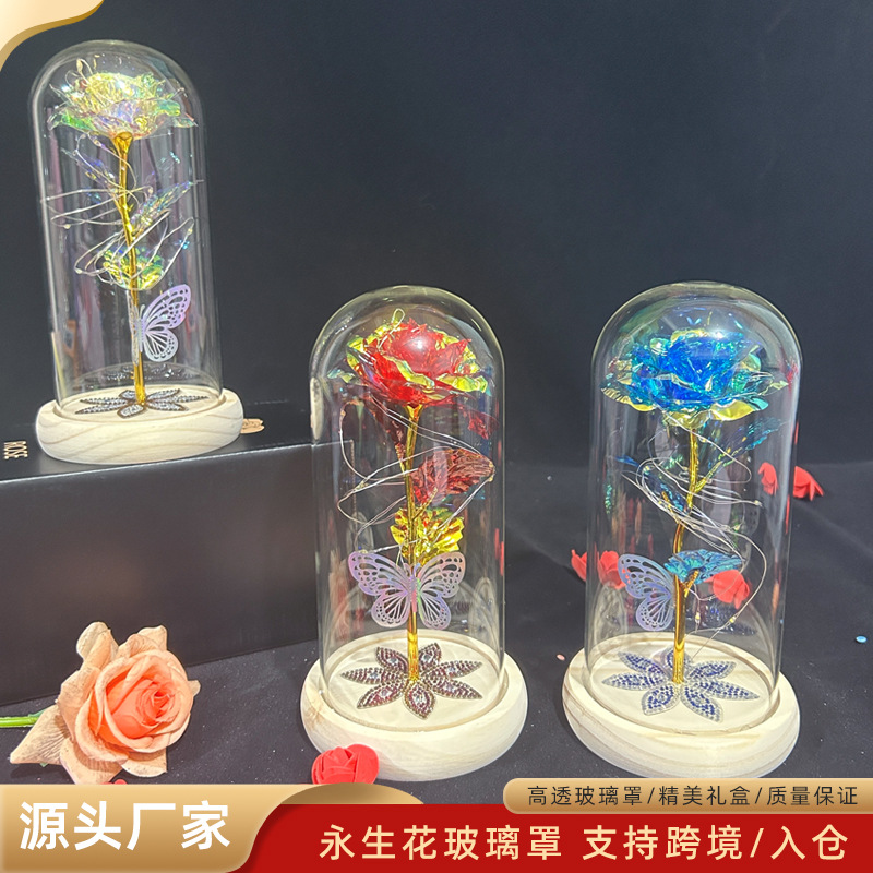 Cubierta de cristal de flor preservada, luz nocturna rosa de lámina dorada, 520, regalo de cumpleaños para el Día de San Valentín, adorno de Navidad