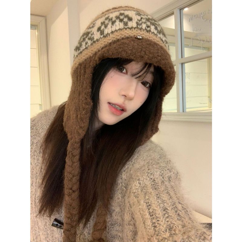 秋冬保暖费尔岛风针织毛线帽女出游百搭包头帽防寒护耳绑带雷锋帽|undefined