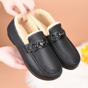 Leather fleece-lined Mother Shoes Winter Waterproof Cotton Shoes Women's Soft Sole Comfortable Middle-aged and Elderly Slip-on fleece-lined Warm Cotton Boots