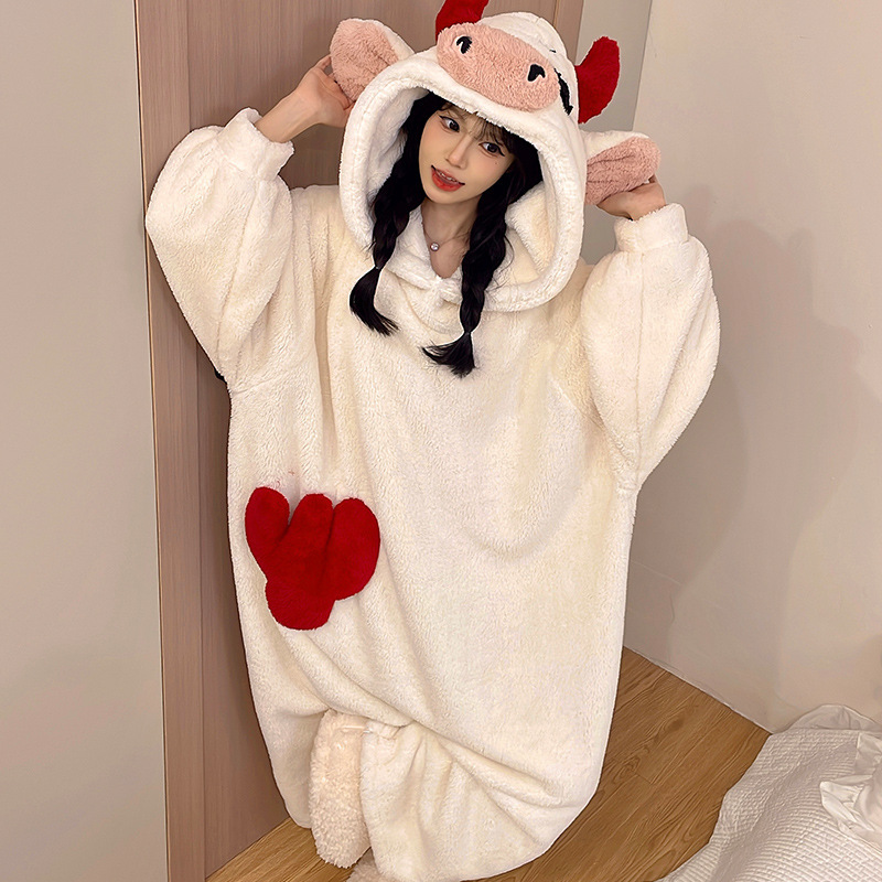 Crazy Rabbit One-Piece Pajamas New Autumn and Winter Funny Abstract Hooded Robe Coral Fleece Thickened Doll Costume