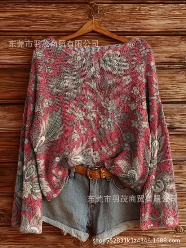 独立站新款高领卫衣仿毛衣 秋冬季碎花圆领宽松毛衣2|undefined