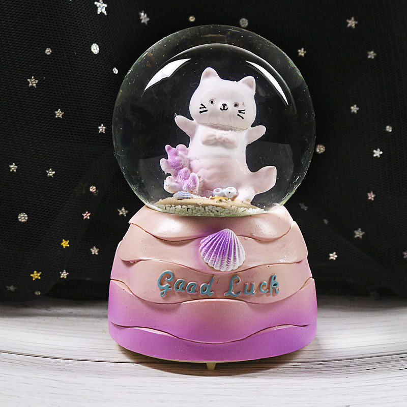 Nueva bola de cristal de mapache rosa pequeña, nieve, caja de música luminosa, luz nocturna, caja de música de regalo, artesanía de una pieza