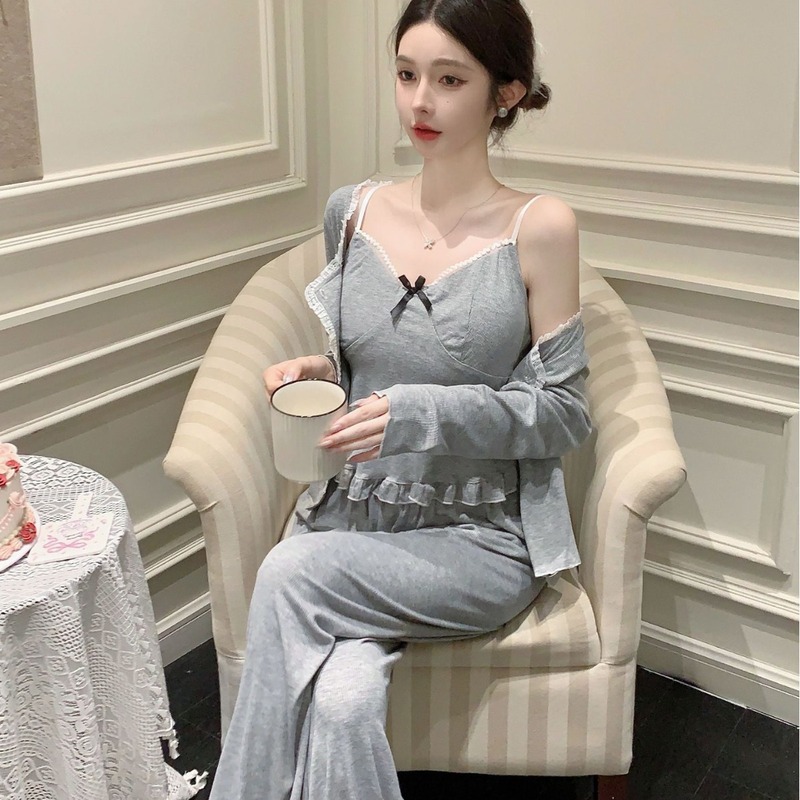 秋季新款睡衣女莫代尔三件套高级感长袖长裤简约居家服小香风带胸|undefined