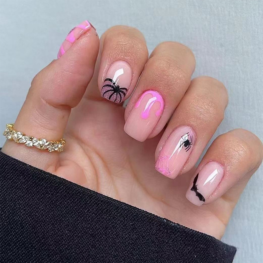 Halloween False Nails Glitter Spider Web And Bat Design 24 Pack_voghion.com