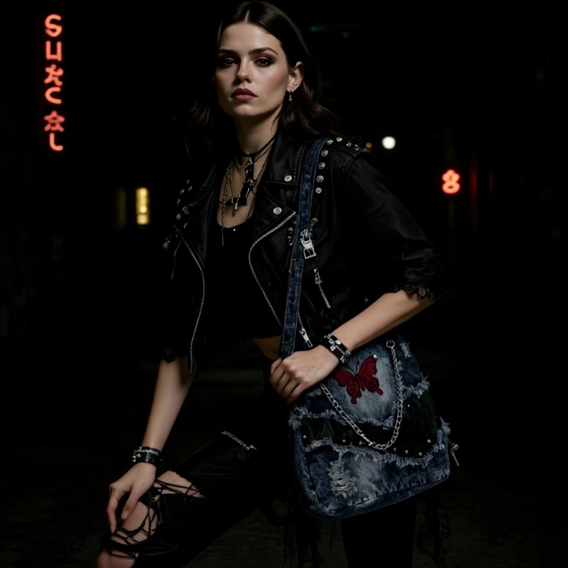 冬季欧货时尚御姐范高级感不规则荷叶边拼接皮裙机车风单肩斜挎包