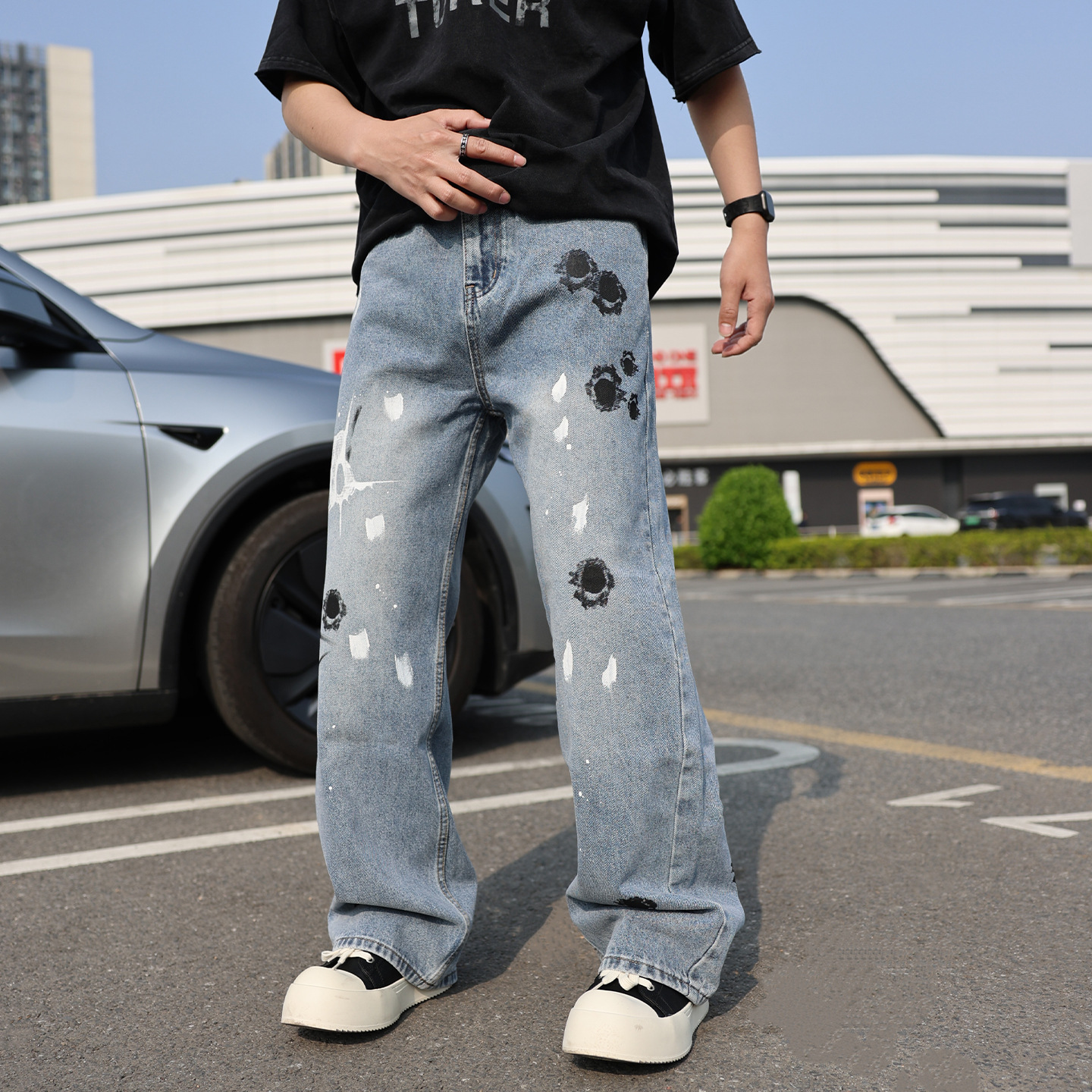 Men's Clothing Men's Straight Leg Jeans Graffiti Splatter Paint Design Comfortable Fit Denim Pants Trendy Clothing_voghion.com