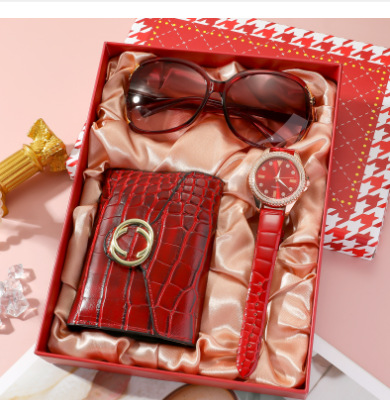 Set de Reloj para Mujer en Caja de Regalo, Reloj Rojo + Cartera + Gafas de Sol + Perfume, Set de 3 Piezas