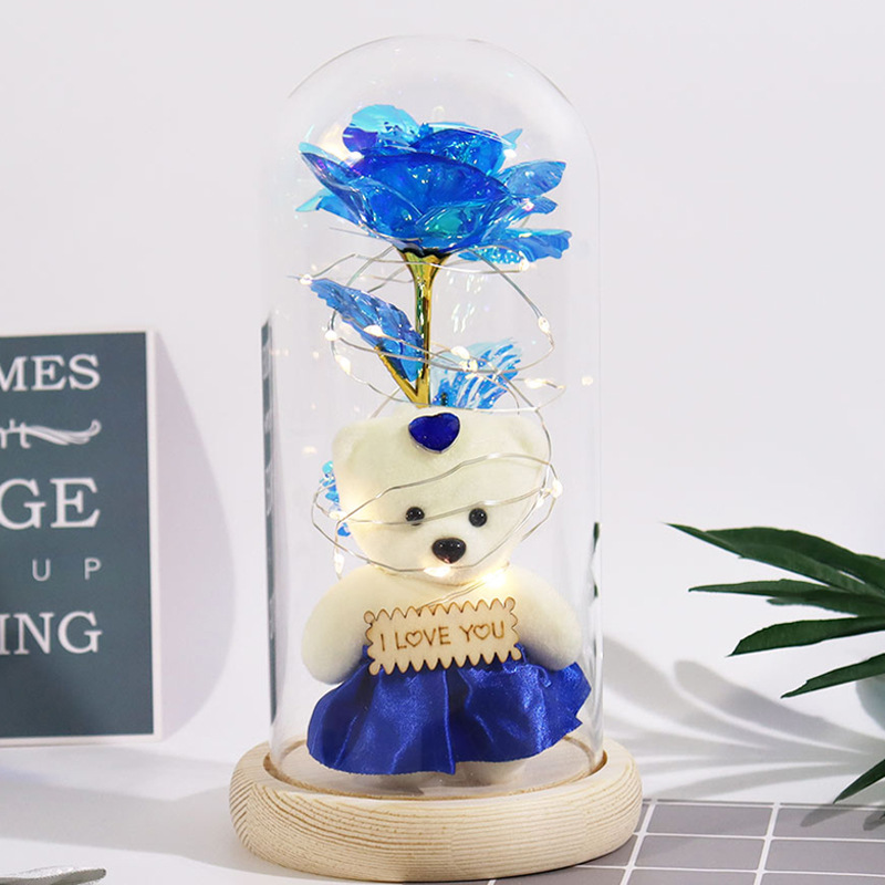 永生花玻璃罩金箔 鐳射玫瑰花七夕情人節生日禮物小熊擺件批發