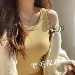 秋冬季緊身保暖背心帶胸墊女磨毛內搭無袖打底內衣自發熱防寒上衣