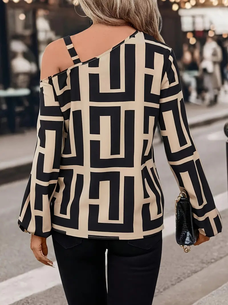 273g Weight Long Sleeve Sleeve Length Polyester Fabric Type Regular Top Length Blouse Tops Type Casual, Daily Occasion Oblique collar Neckline Regular Fit Fit Type Geometric Pattern Spring, Autumn Season Women's Gender Printing Design Elegant, Streetwear Style Wholesale Women's Elegant Streetwear Geometric Long Sleeve Printing Blouses 2