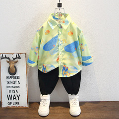 男童襯衫春秋2024新款長袖兒童裝帥氣花襯衣洋氣男孩時髦卡通上衣