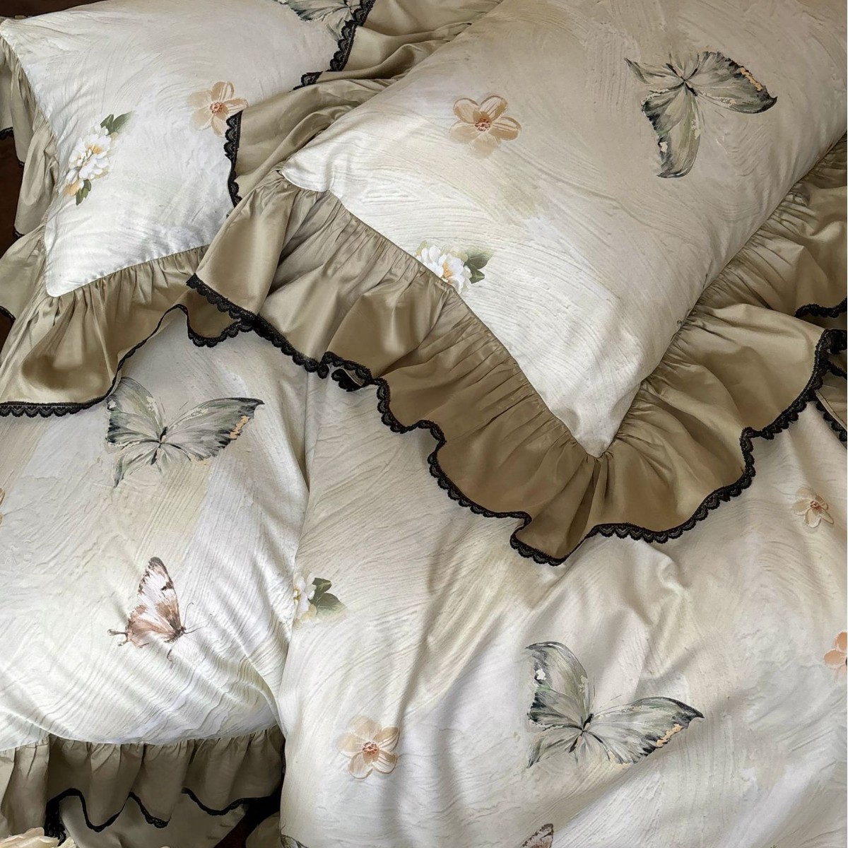 Nordic French Vintage Boho French High-End Pure Long-Staple Cotton Four-Piece Set All-Cotton Digital Print Vintage Style Lace Fresh Bedding_voghion.com