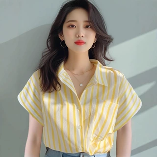 黄白色竖条纹短袖衬衫女2026夏季新款衬衣欧货洋气小衫海边防晒衫