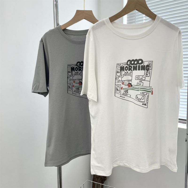 Fun Printing Good Morning My Every Day Short-sleeved T-shirt Students Cool Tone 2024 Summer Loose Cartoon