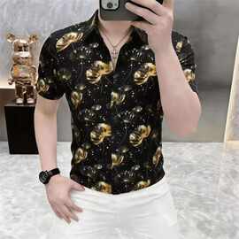 冰丝薄款男士短袖衬衫夏季印花翻领半袖轻奢百搭潮流帅气休闲上衣