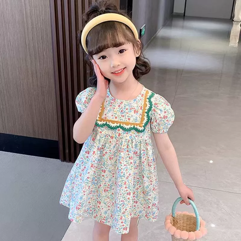 Корейское стильное летнее платье для девочек из чистого хлопка, детская юбка с пышными рукавами и цветочным принтом, модное платье принцессы для детей