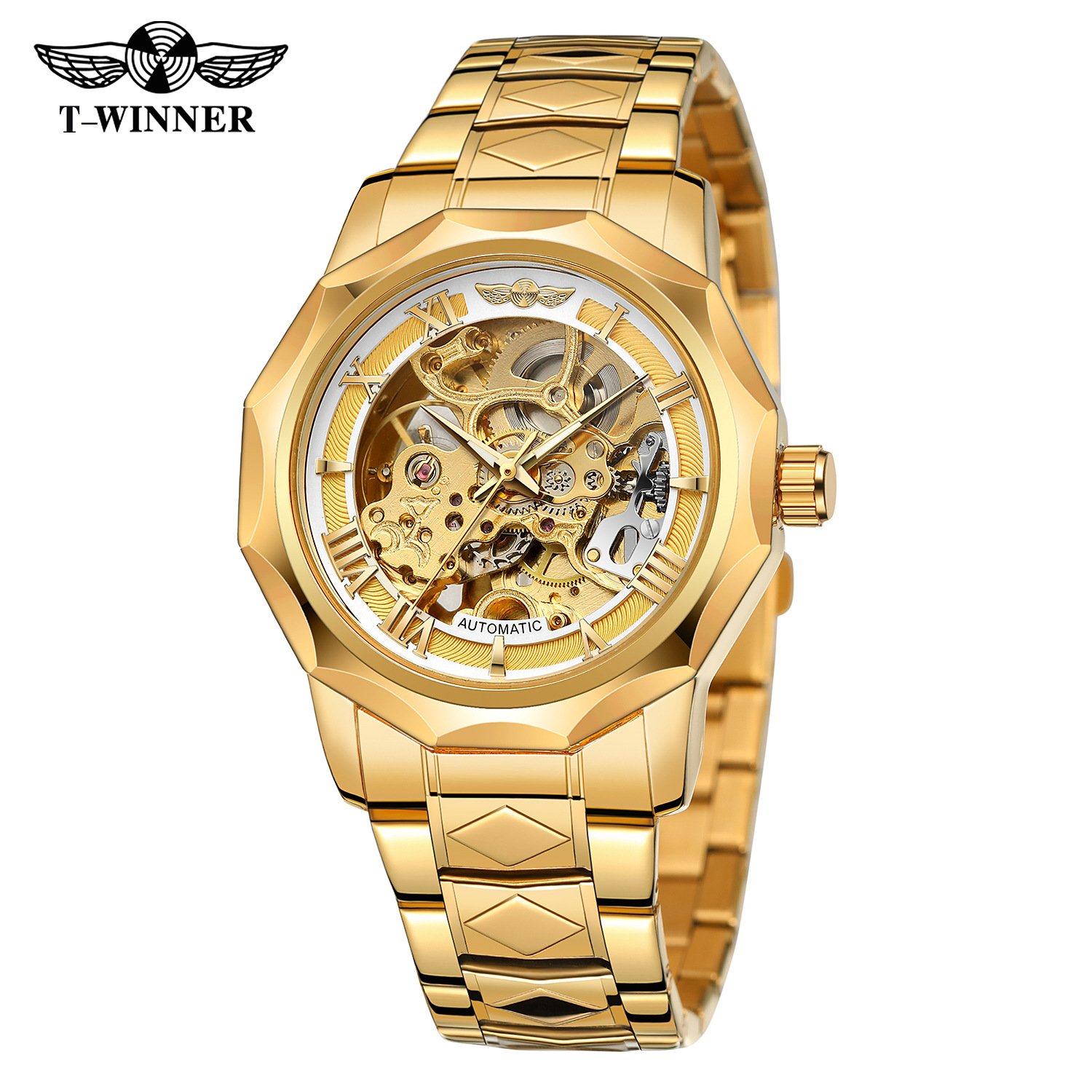 Nuevo ganador de polígono europeo y americano reloj mecánico de los hombres moda casual hueco de fondo transparente reloj automático