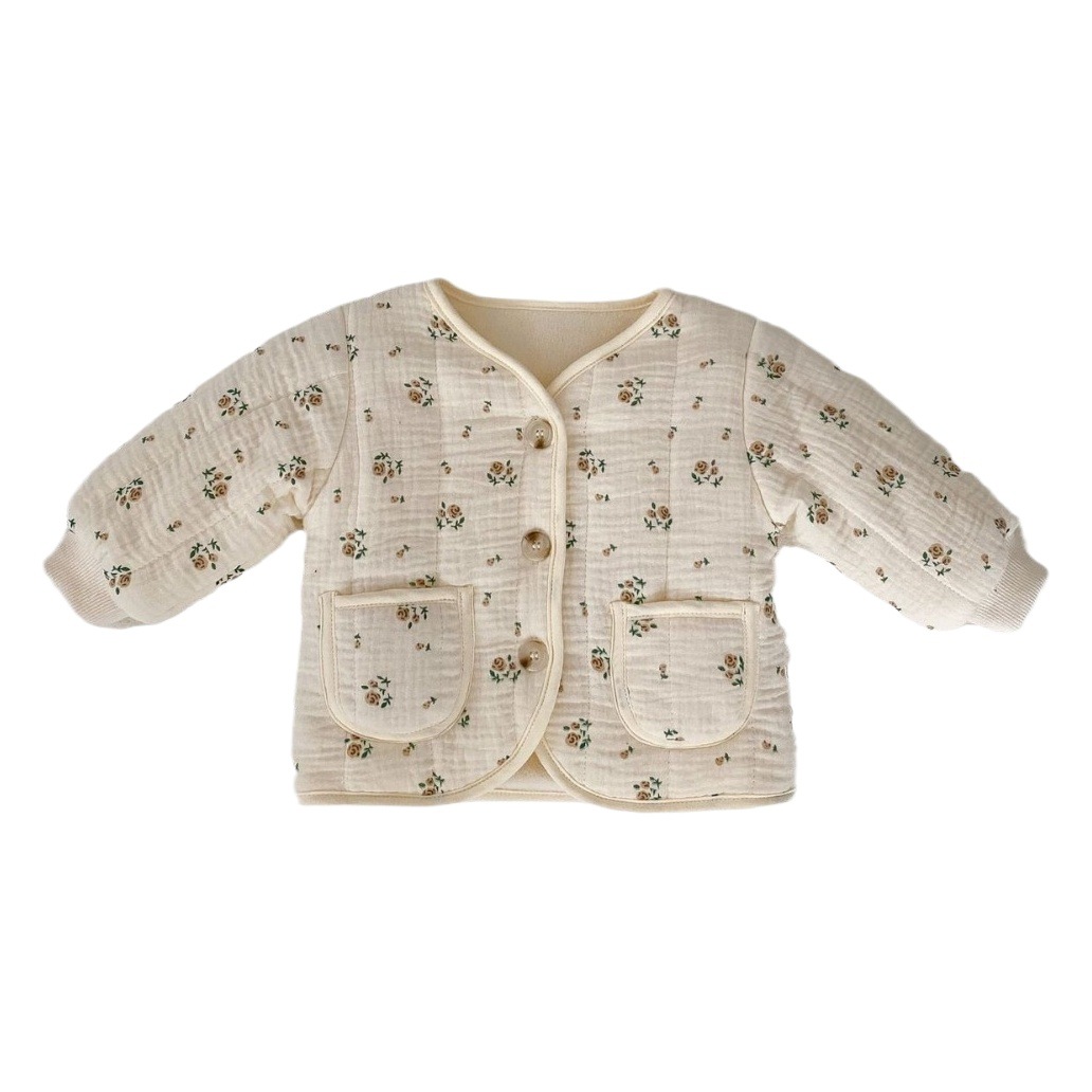 INS estilo coreano de invierno Bebé con cuello en V chaqueta acolchada niña bebé floral cardigan chaqueta acolchada de algodón engrosada Abrigo acolchado de algodón cálido